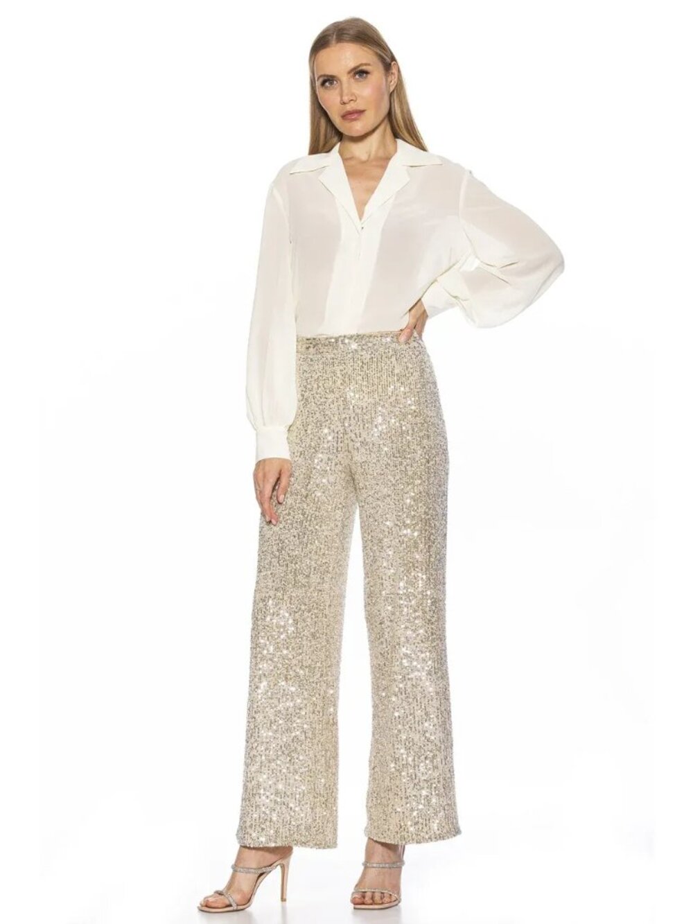 Champagne Sequin Embellished High Waist Wide Leg Swishy Pants Illy